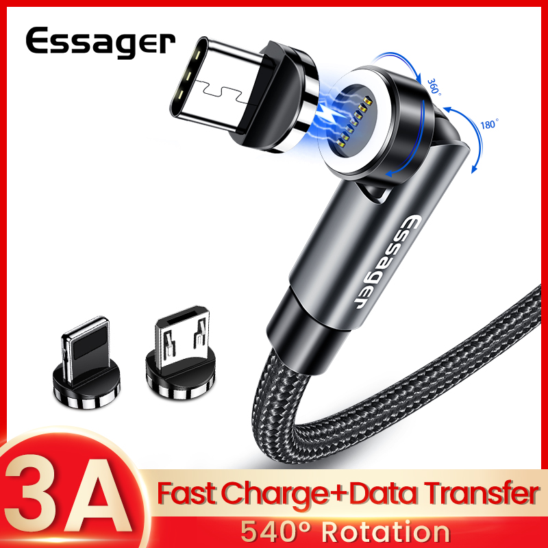 Essenger Cáp Từ Tính Xoay 540 Cáp Micro USB Loại C Sạc Nhanh 3A Cho iPhone Xiaomi Nam Châm Dây Sạc Đ