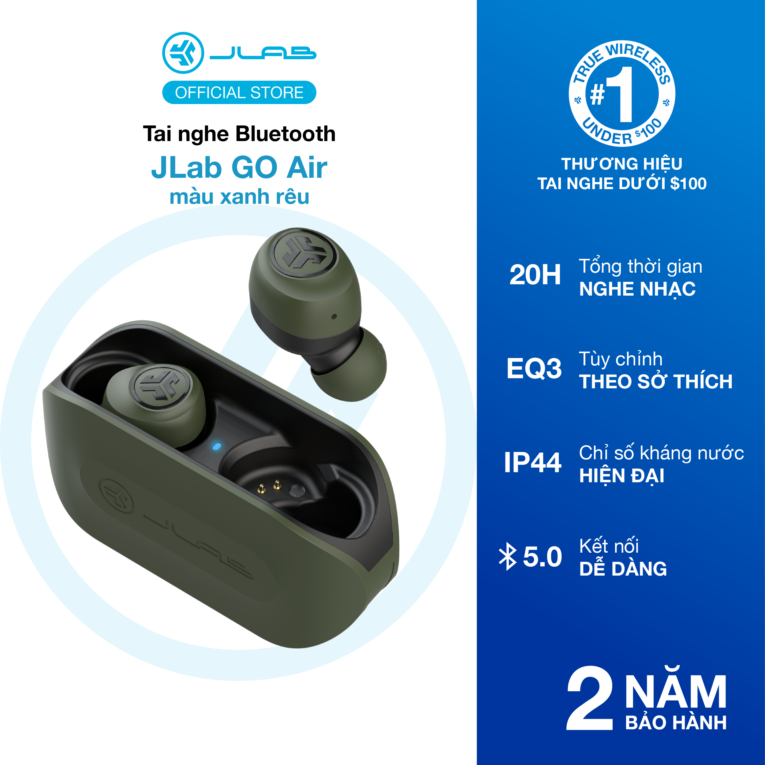 Tai nghe Bluetooth Jlab Go Air màu xanh rêu thời gian nghe 20H có sạc nhanh EQ3 Sound kháng nước khá