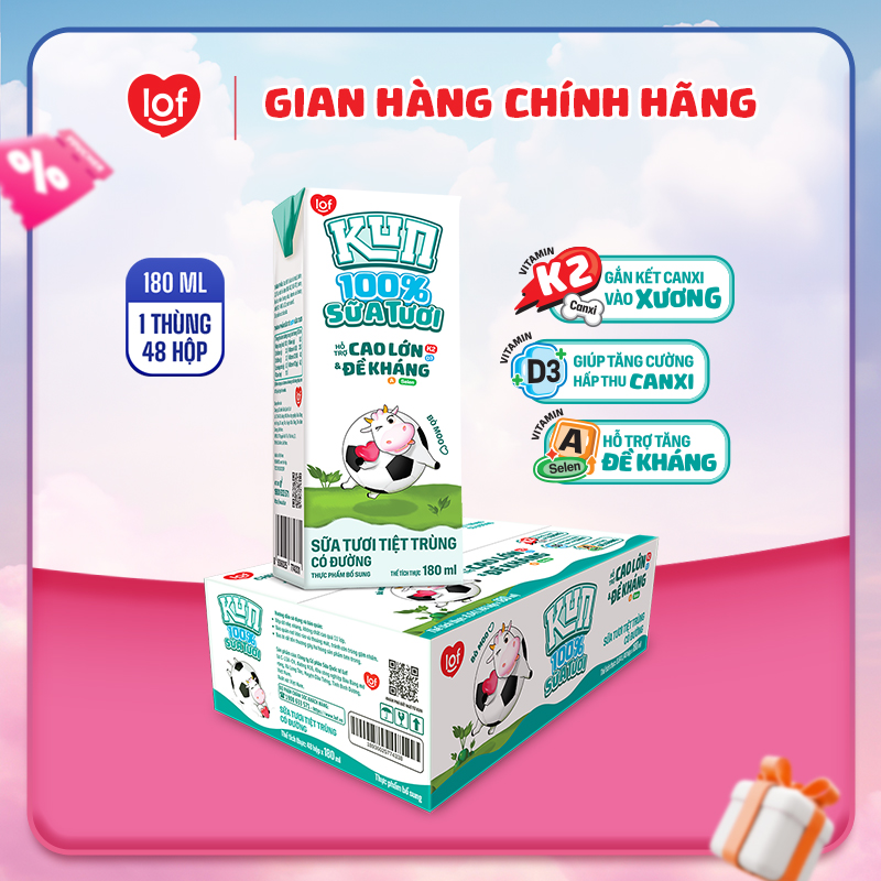 100% sữa tươi KUN có đường thùng 48 hộp x 180ml