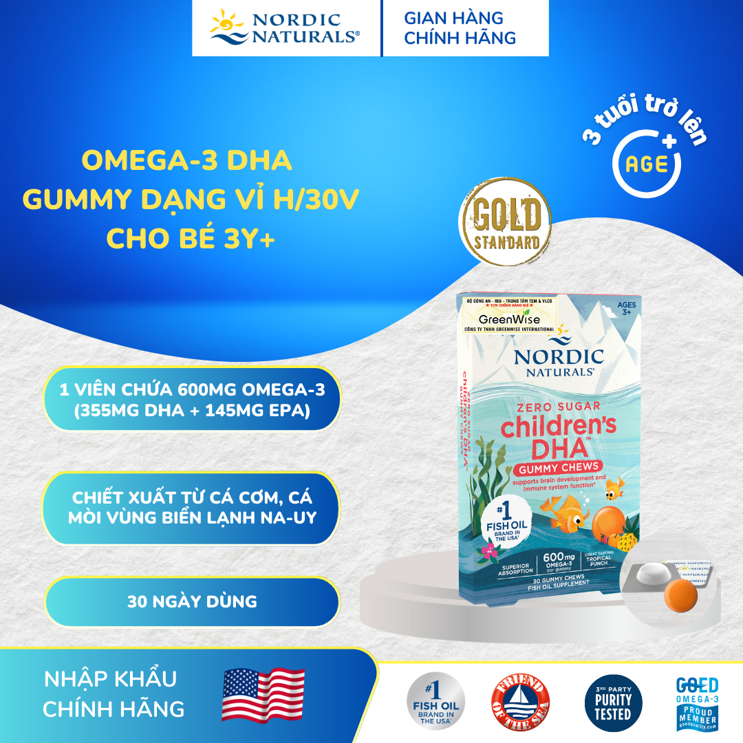 DHA Gummy Chews Nordic Naturals 30 viên thạch Hỗ trợ phát triển trí não và thị lực cho bé từ 3 tuổi trở lên