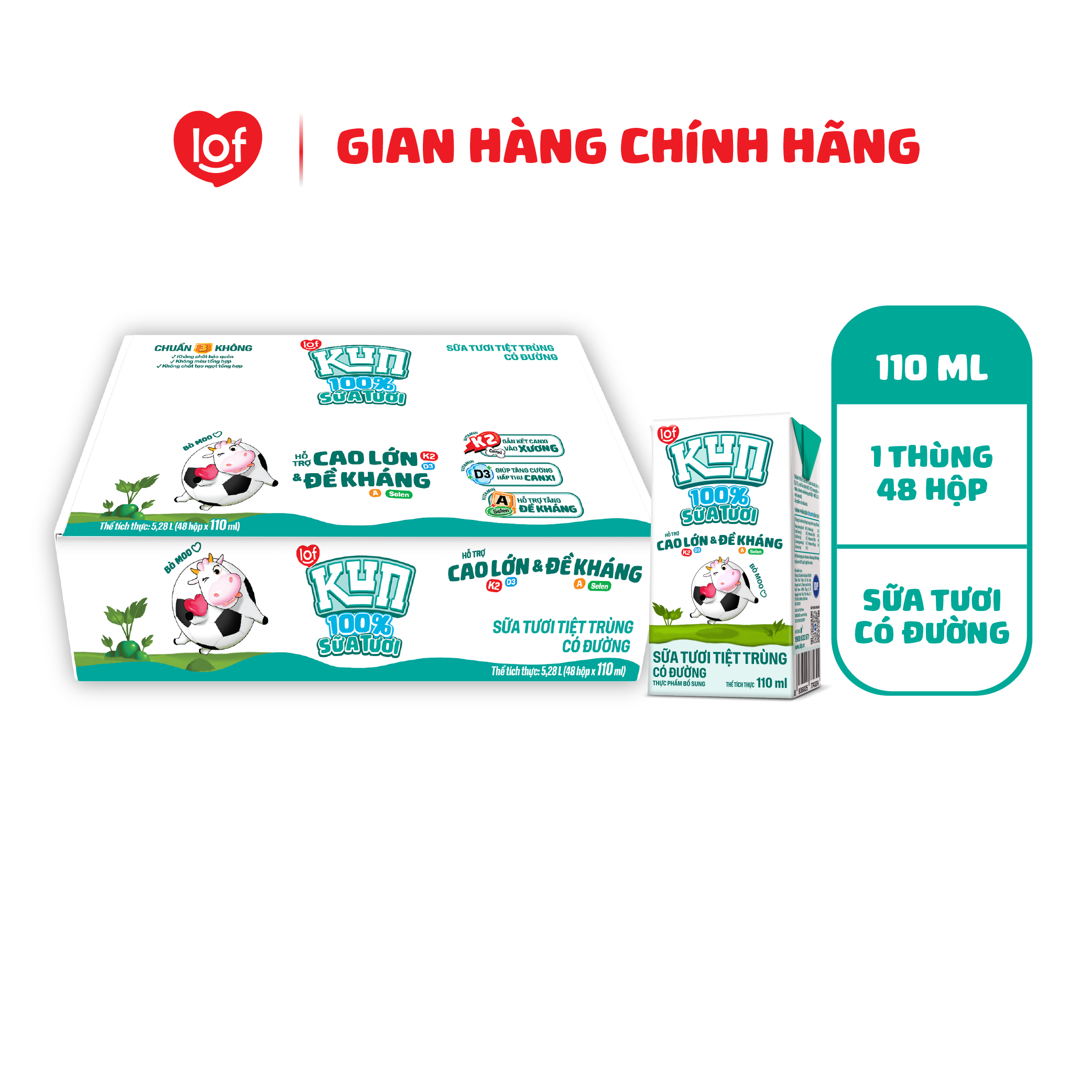 100% sữa tươi KUN có đường thùng 48 hộp x 110ml-SHOP THU QUÂN