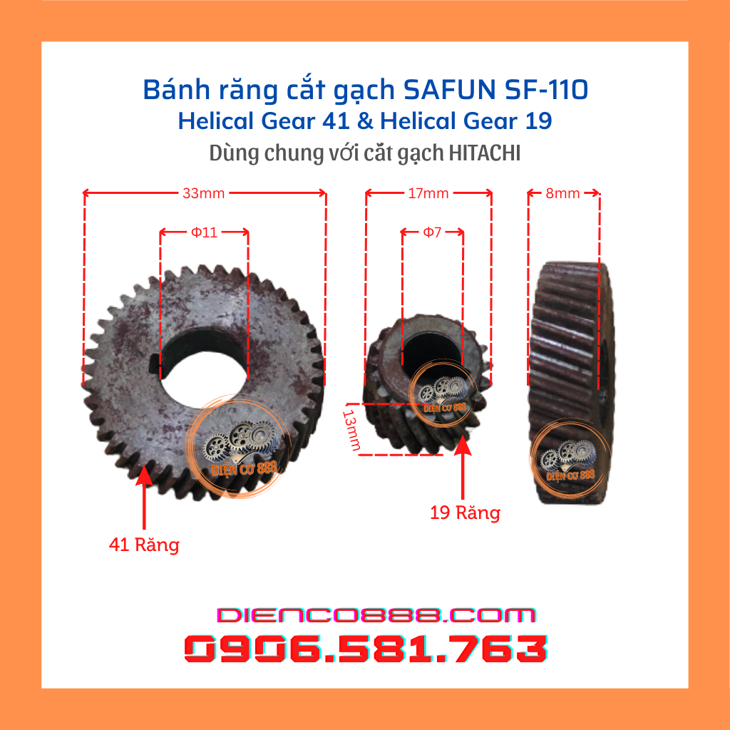 (Set of Gear) Bộ nhông bánh răng cắt gạch SAFUN SF-110 dùng chung với máy Hitachi/Hikoki (2 chi tiết)