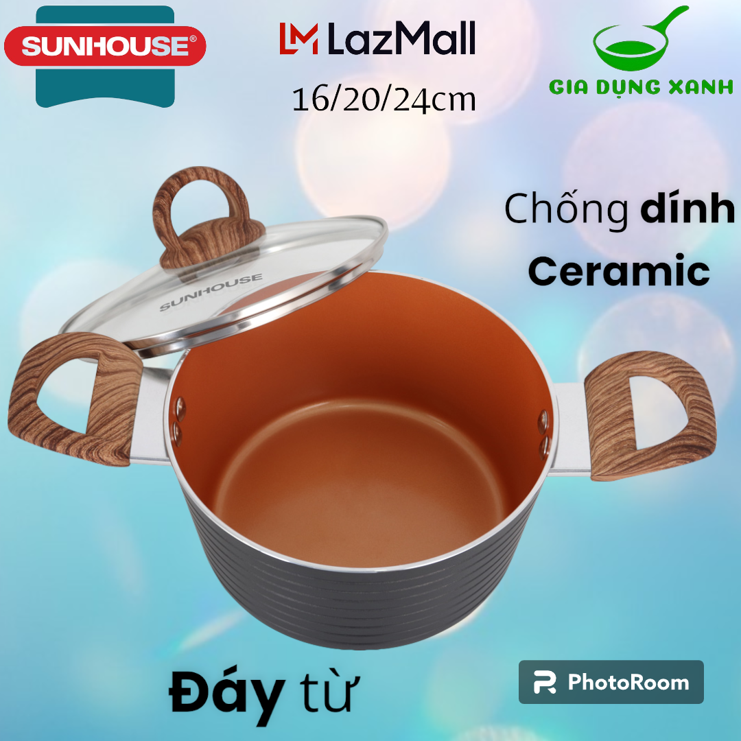Nồi Chống Dính Ceramic Đáy Từ SUNHOUSE Size 18-20-24cm Dùng Trên Mọi Loại Bếp