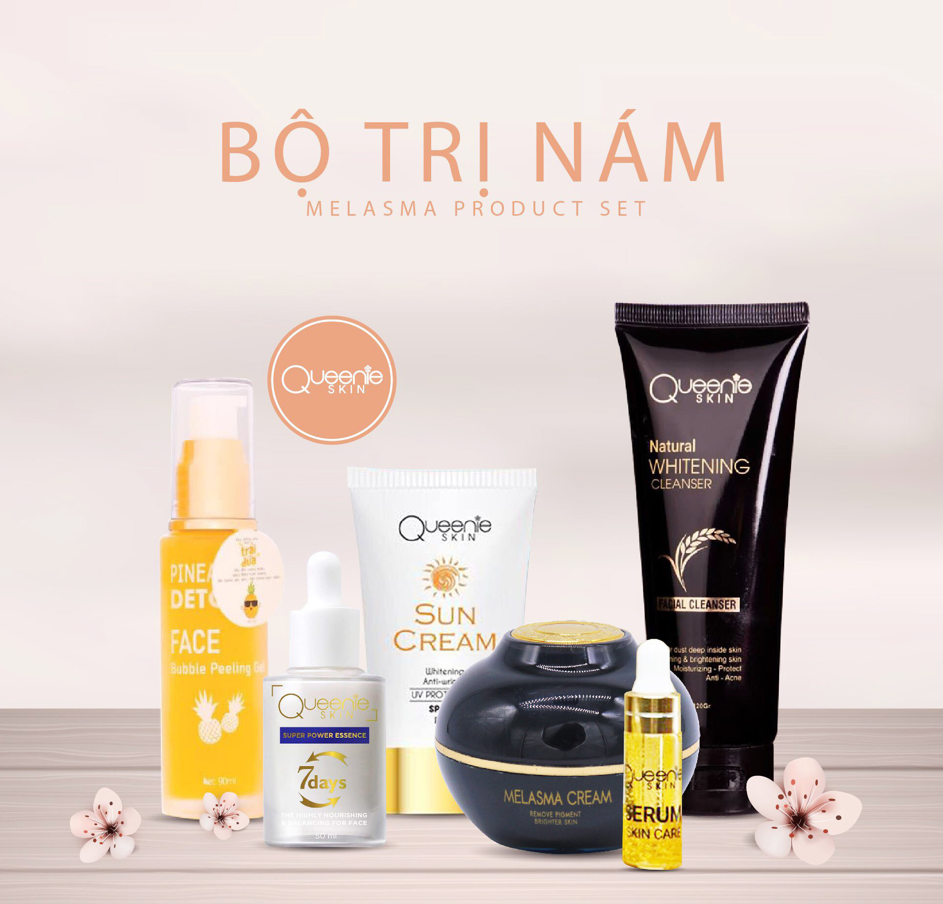 [Hcm]Trọn Bộ 5 Sản Phẩm Xoá Nám Tàn Nhang Ngăn Ngừa Qúa Trình Lão Hoá Sớm Trên Da Queenie Skin