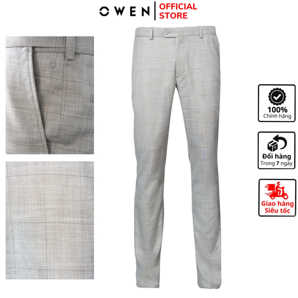 Quần âu nam quần tây công sở cao cấp OWEN QST220670 dáng slim fit ống ôm cạp chun kẻ caro ghi đen vả