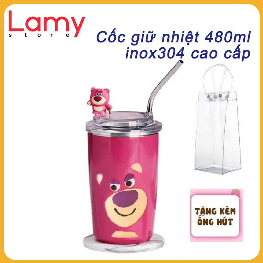 Cốc Giữ Nhiệt Gấu Dâu Lotso Hồng 450Ml Ly Giữ Nhiệt Inox 304 Cao Cấp Không Gỉ Kèm Ống Hút +  Charm G