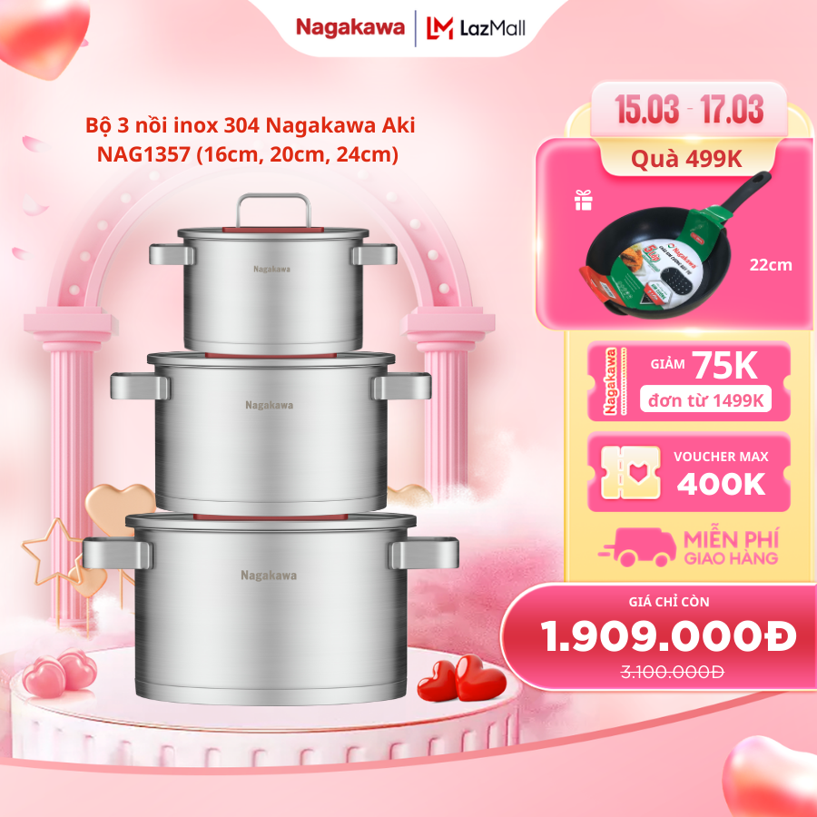 Bộ nồi Nagakawa Aki NAG1357 chất liệu inox 304 an toàn 3 kích thước 16cm 20cm 24cm vung kính cường l