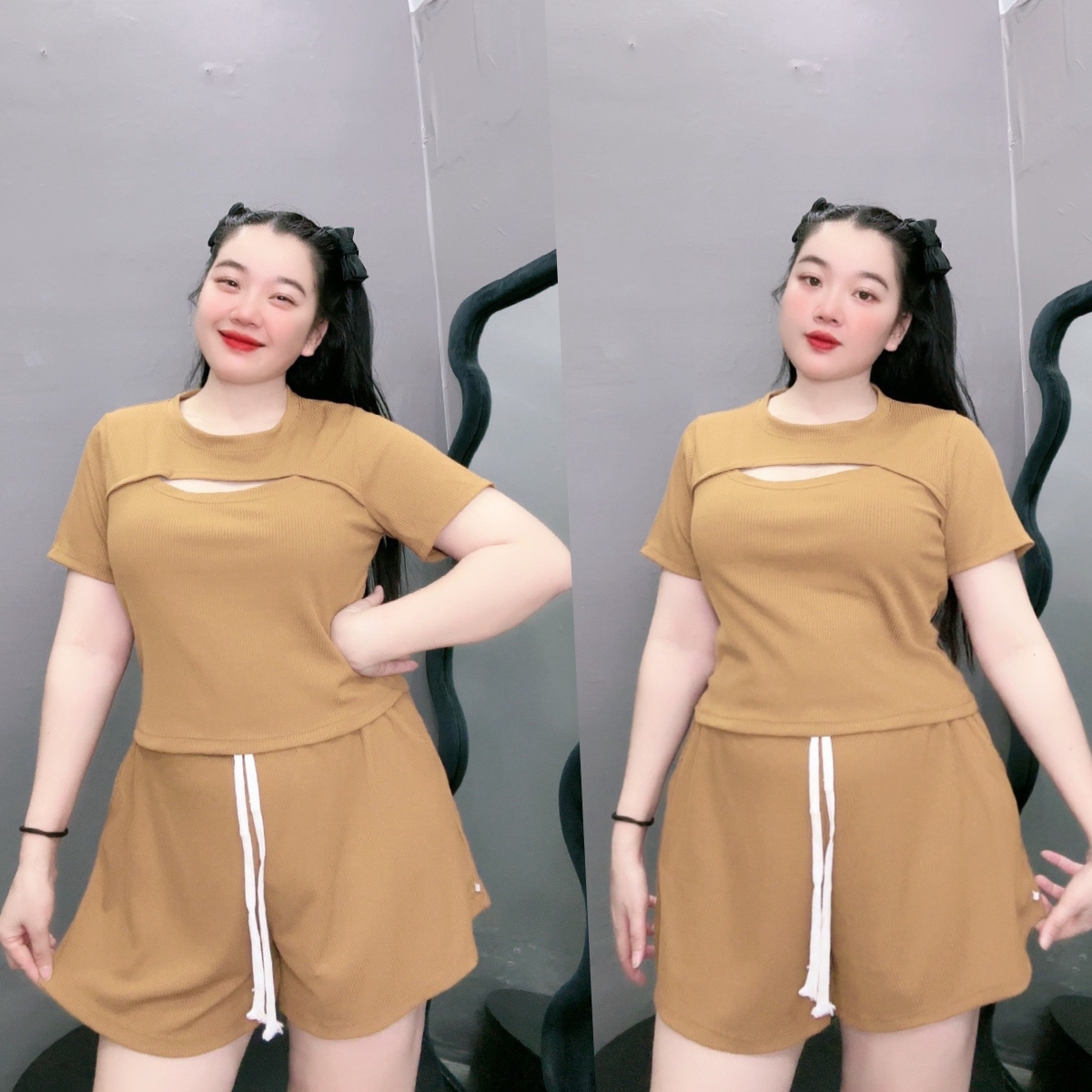 Set đồ bộ bigsize nữ gồm áo thun tay ngắn xẻ ngực và quần đùi thun chất gân tăm co giãn mát mẻ BIGSI