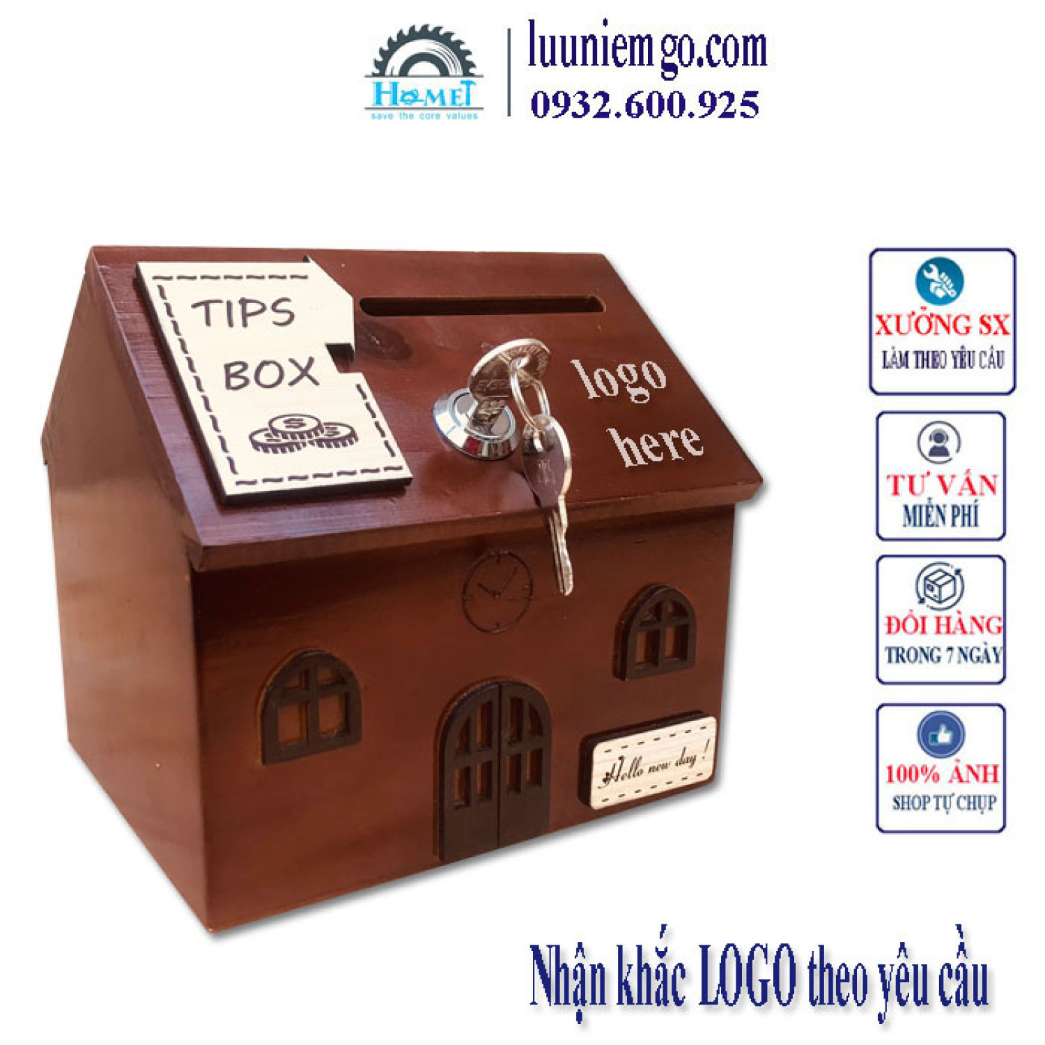 Hộp Đựng Tiền Tip | TIP BOX Bằng Gỗ Hình Ngôi Nhà Xinh Xắn ( HAMET_HBNN) Hộp Đựng Tiền Có Khóa Chắc 
