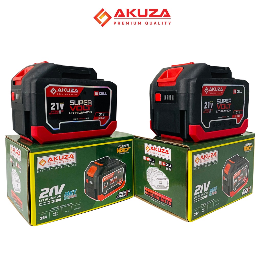 Pin Akuza 10cell và 15cell 21V có đèn báo pin - chân pin phổ thông dùng cho máy khoan Máy siết bulong Máy mài BH 6T