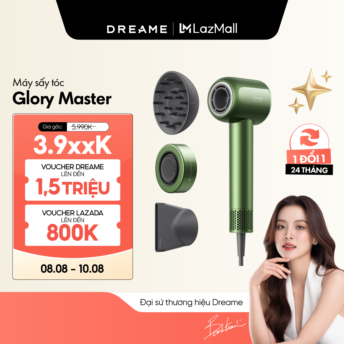 Máy sấy tóc Dreame Glory Master AHD10 - Xanh lá, 220V/50Hz, 1600W, 4 chế độ nhiệt, 2 tốc độ gió, 300 triệu ion âm