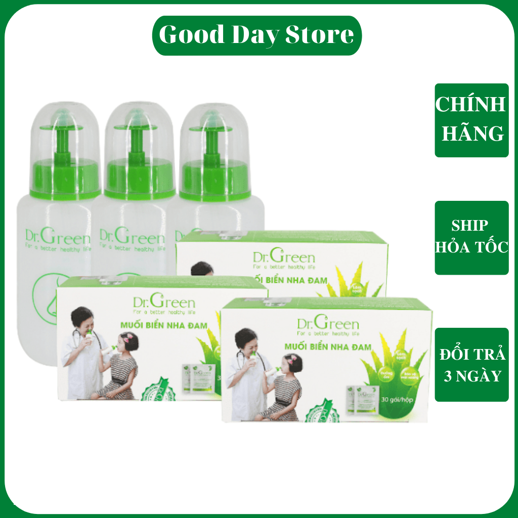 Bình xịt rửa mũi 240ml Dr Green - Tặng kèm 10 gói muối biển nha đam