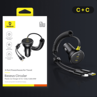 Tẩu sạc nhanh 2 cổng trên ô tô 60W Baseus Circular Plastic Car Charger tích hợp cáp lò xo