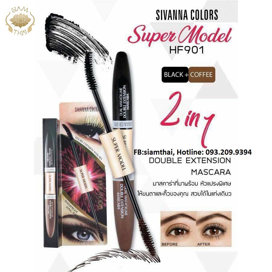 Mascara Không Thấm Nước Dày Và Tơi Mi 2 Đầu Sivanna Colors Super Model