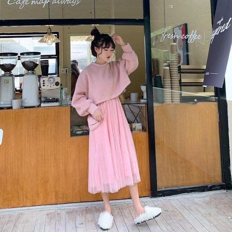 ☂◙❂  Set len tiểu thư 3 món gồm áo len croptop   chân váy công chúa kèm túi ulzzang siêu xinh