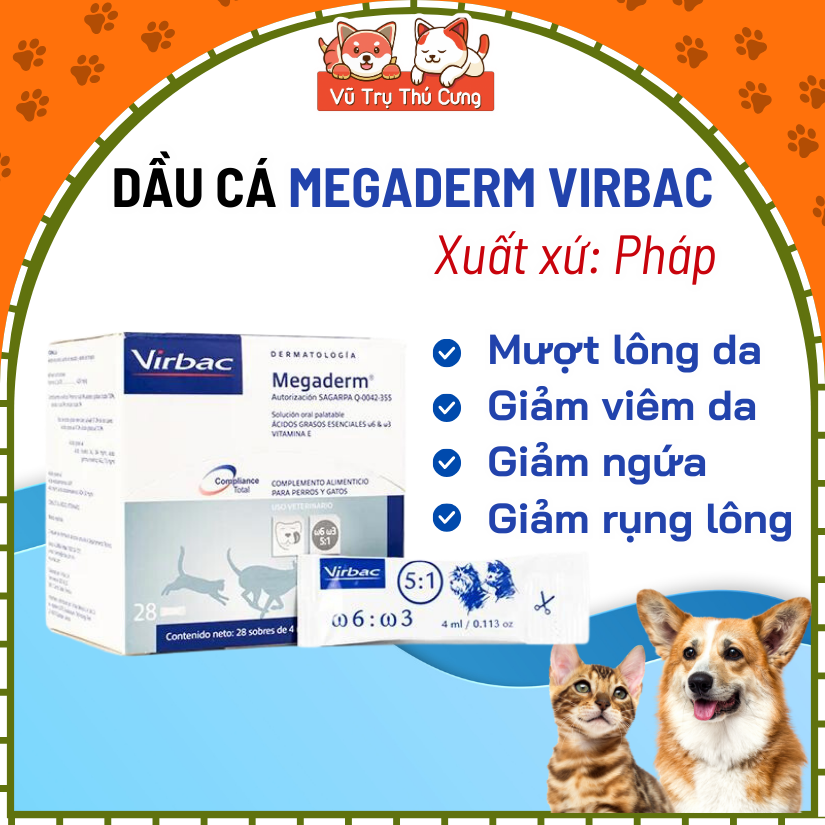 Dầu cá dưỡng lông và da MEGADERM VIRBAC cho Chó Mèo hộp 28 gói