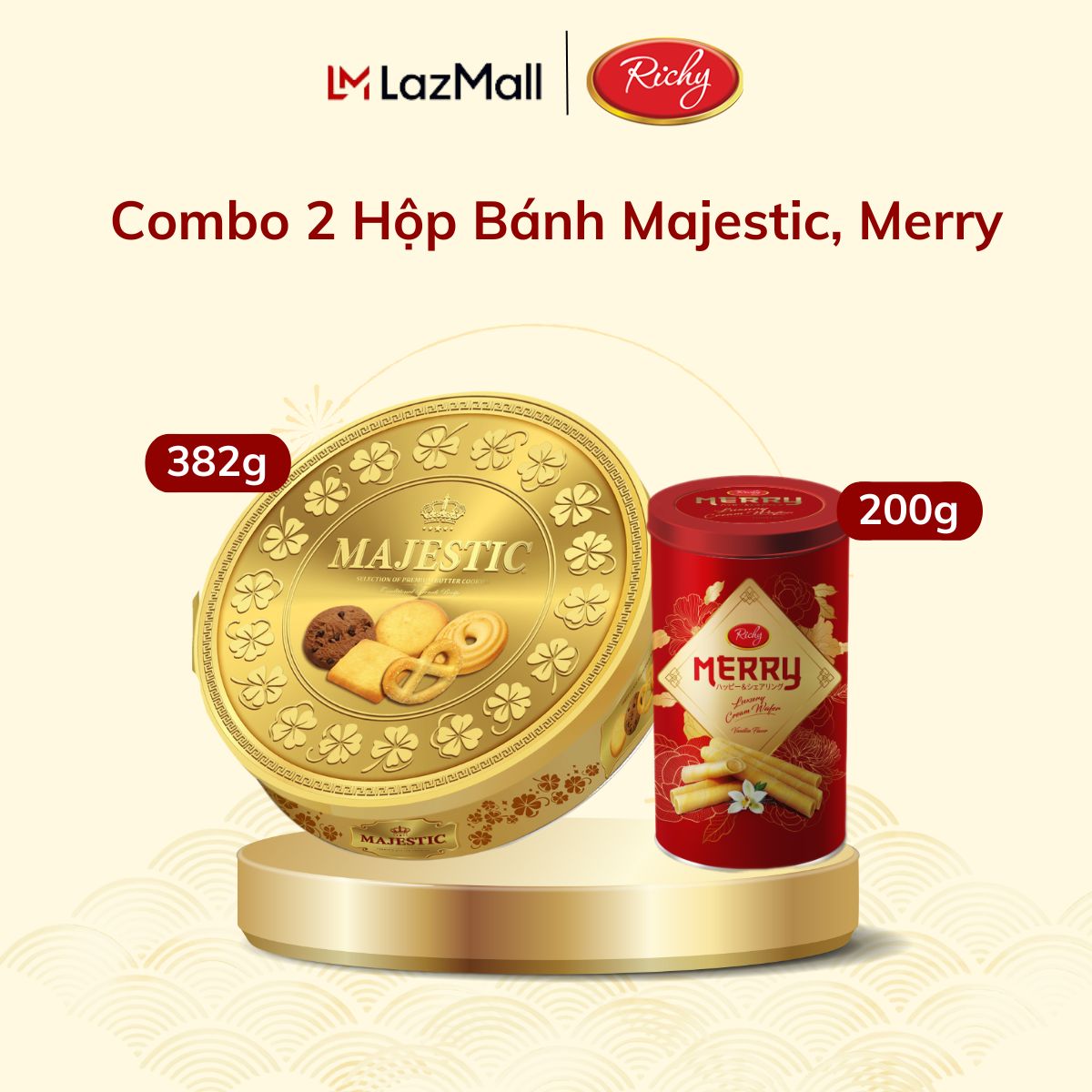 Combo Tết Richy 2 Hộp Bánh Quy Majestic Đồng Tiền Vàng 382g Bánh Merry Quế Lon 200g Bánh Hộp Thiếc -