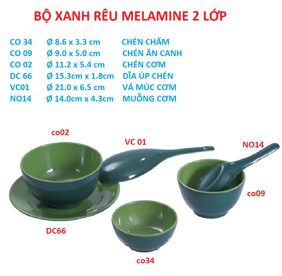 Combo bộ 6 món : chén cơm dĩa muỗng  chén đựng canh chén chấm  vá múc cơm nhựa melamine xanh rêu 2 l