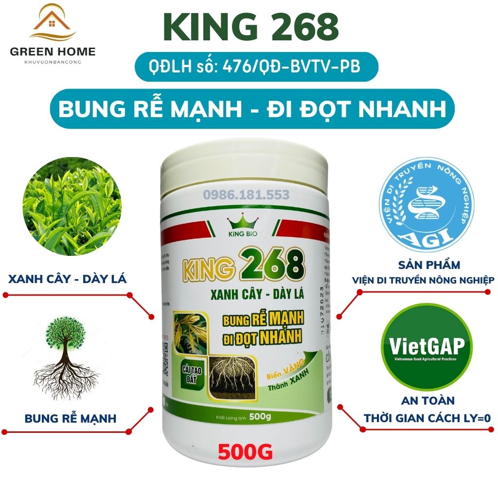 KING 268 Cải Tạo Đất Giải Độc Hữu Cơ Xanh Cây - Dày Lá Bung Dễ Mạnh - Đi Đọt Nhanh Hộp 500G Dùng Cho