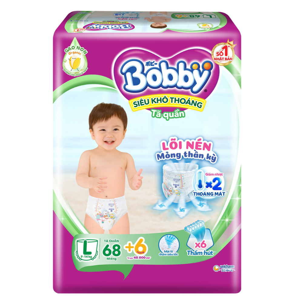 Tã Bỉm Quần Bobby Lõi Nén Mỏng Siêu Khô Thoáng Thâm Hút Tốt Size M76 L48 XL44 XXL32 (Giao bao bì ngẫu nhiên) - Bibo Mart