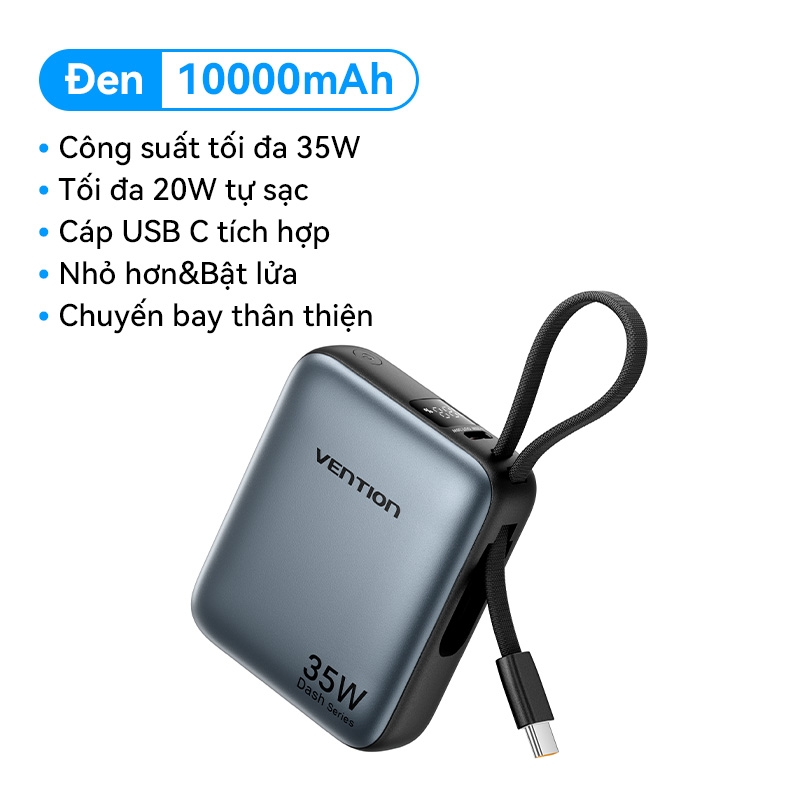 Vention Sạc Dự Phòng 10000mAh 35W Sạc Nhanh 2 Cổng Power Bank Built in Cáp Type C with Màn Hình LED 