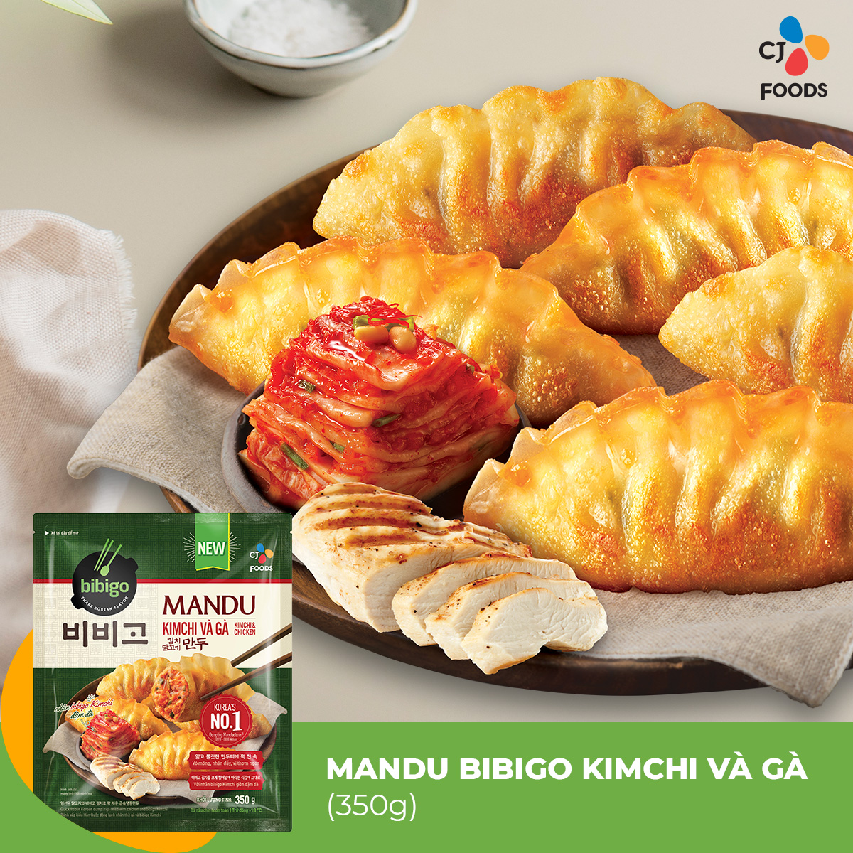 Bánh xếp Mandu Bibigo Kim chi và Gà 350g