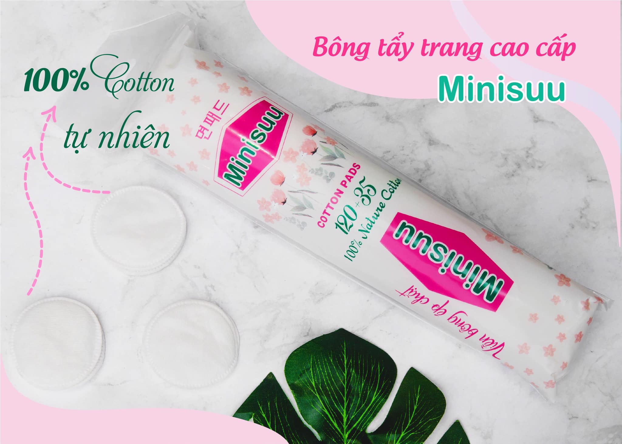 Bông Tẩy Trang 155 Miếng (120 + 35) Nhập Khẩu Hàn Quốc Minisuu Chính Hãng Rẻ Thị Trường 100%Cottone Mềm Mịn Không Xơ Ép Viền