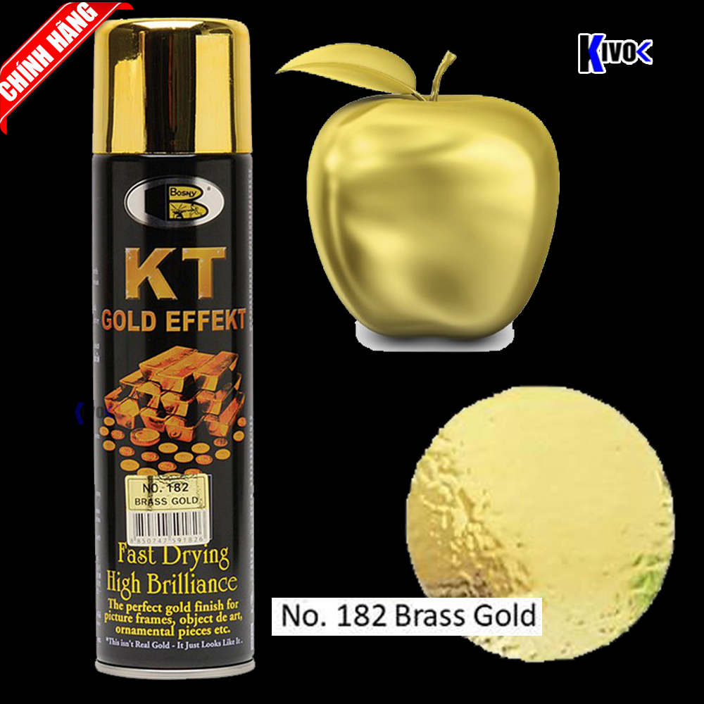 Bình Sơn Xịt Mạ Vàng 18k 24k KT Bosny Màu 182 Brass Gold - Sơn Mạ Vàng 24k- Sơn Mạ Vàng Bóng- Sơn Mạ