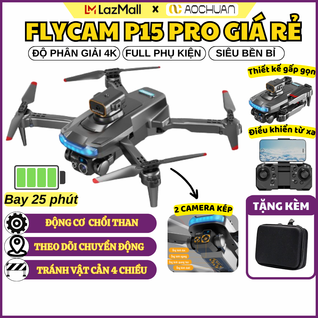 [SIÊU RẺ]  Máy Bay Điều Khiển Từ Xa P15 PRO-Máy Bay Flycam Mini-Play Camera 4 Cánh Tích Hợp Cảm Biến Chống Va Chạm-Drone Camera 4K- 2 Camera Kép Siêu Nét- Điều Khiển Cử Chỉ Tay- Quay Góc Rộng _CHÍNH HÃNG AOCHUAN