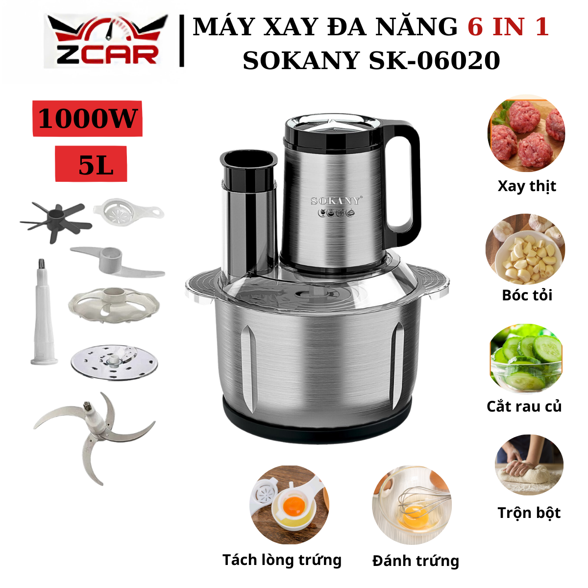 Máy đùn thịt Sokany SK-06020 5L Đen Bạc, Công Suất Cao, Đa Năng 6 Trong 1
