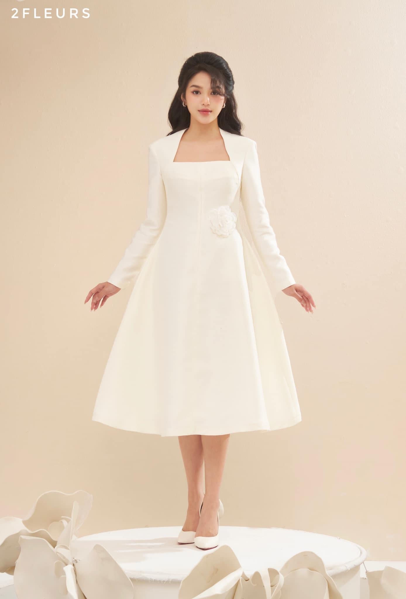 [ Flash voucher 50k Mẫu Mới 2023 ] Đầm trắng đi tiệc cưới cổ V tay dài hàng thiết kế cao cấp váy xòe dài qua gối thanh lịch đầm tiểu thư Hàn Quốc
