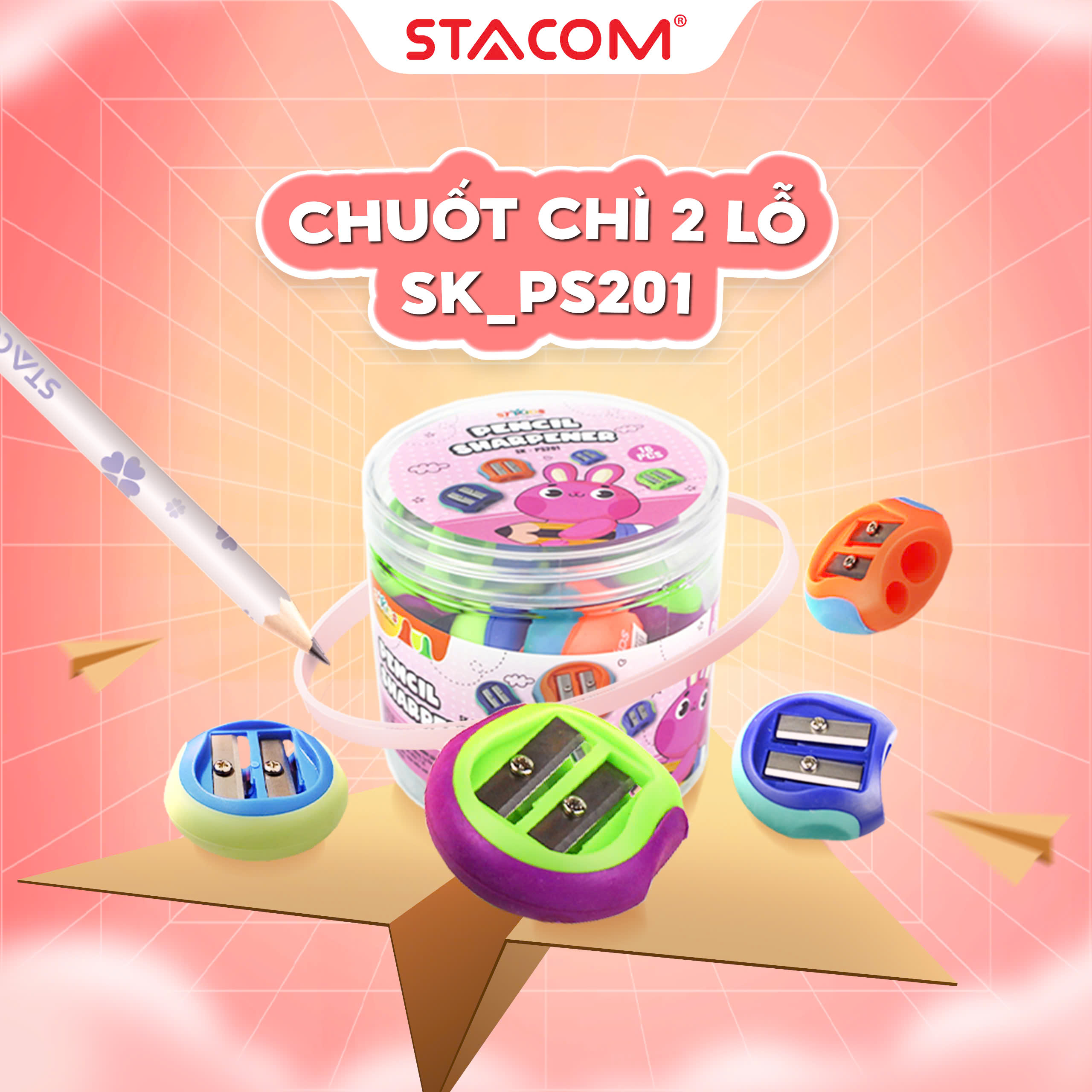 Chuốt Gọt Bút Chì Gỗ Học Sinh STAKIDS - Thiết Kế 2 Lỗ Cơ Bản - Pencil Sharpener SK_PS201- Màu Sắc Nổi Bật