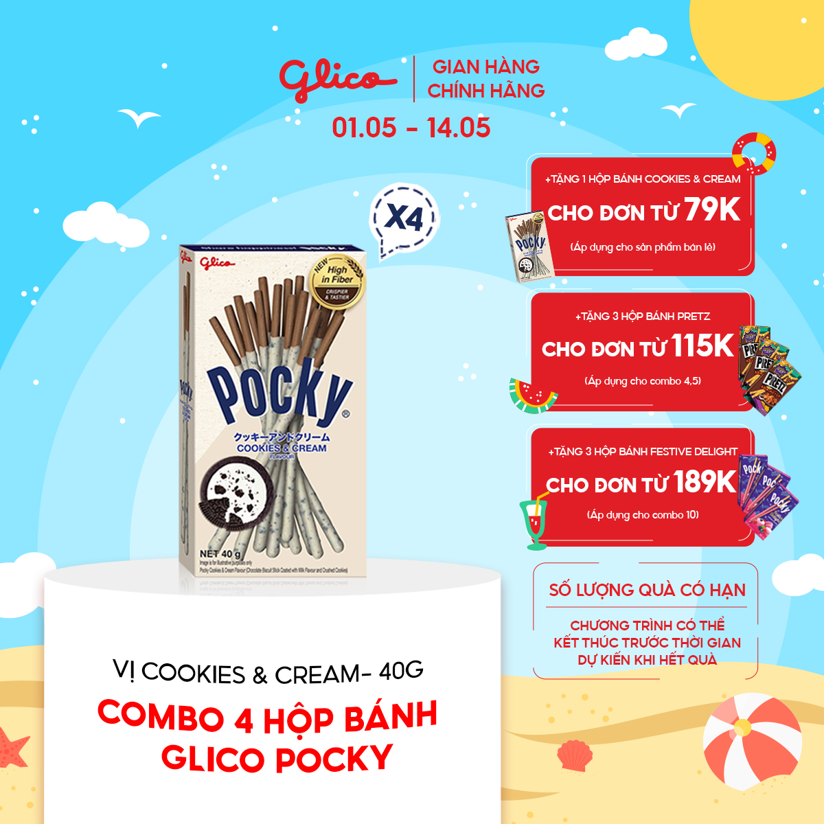 Combo 4 Hộp Bánh Que Glico Pocky Cookies &amp; Cream Phủ Kem 40G