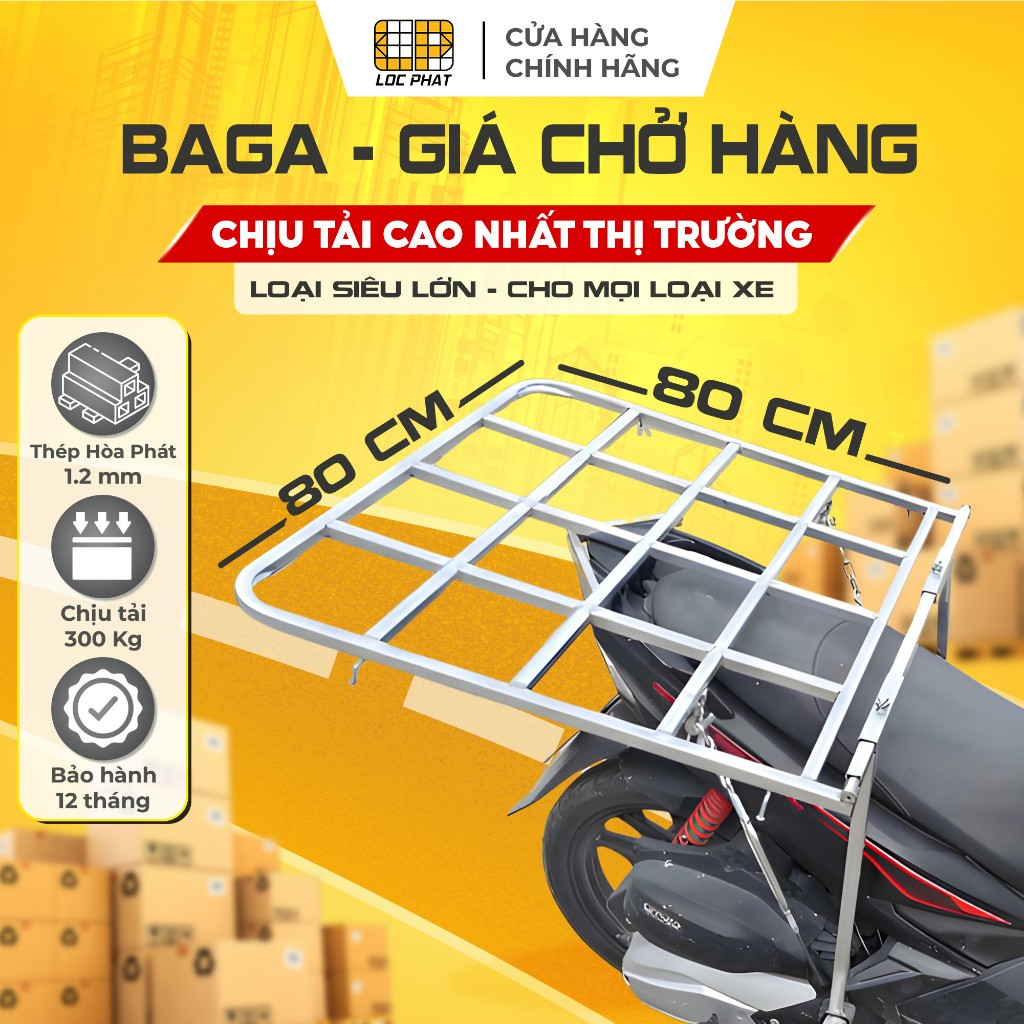 Baga giá chở hàng Lộc Phát xe máy đa năng siêu lớn 80x80cm lắp cho xe Ga &amp; xe Số