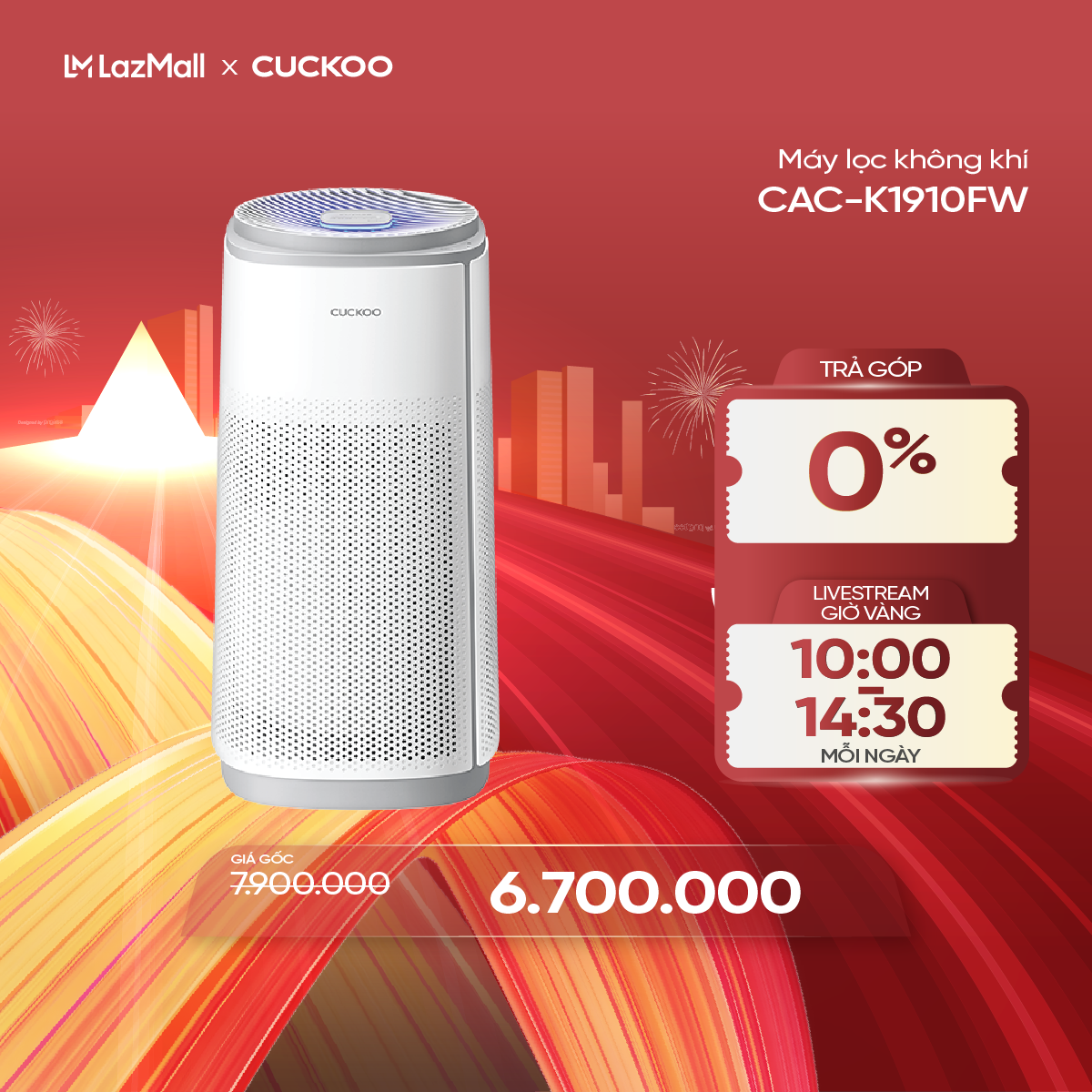 Máy lọc không khí Cuckoo CAC-K1910FW - Kích thước 67m², Bộ lọc 3 lớp, LED hiển thị chỉ số PM2.5