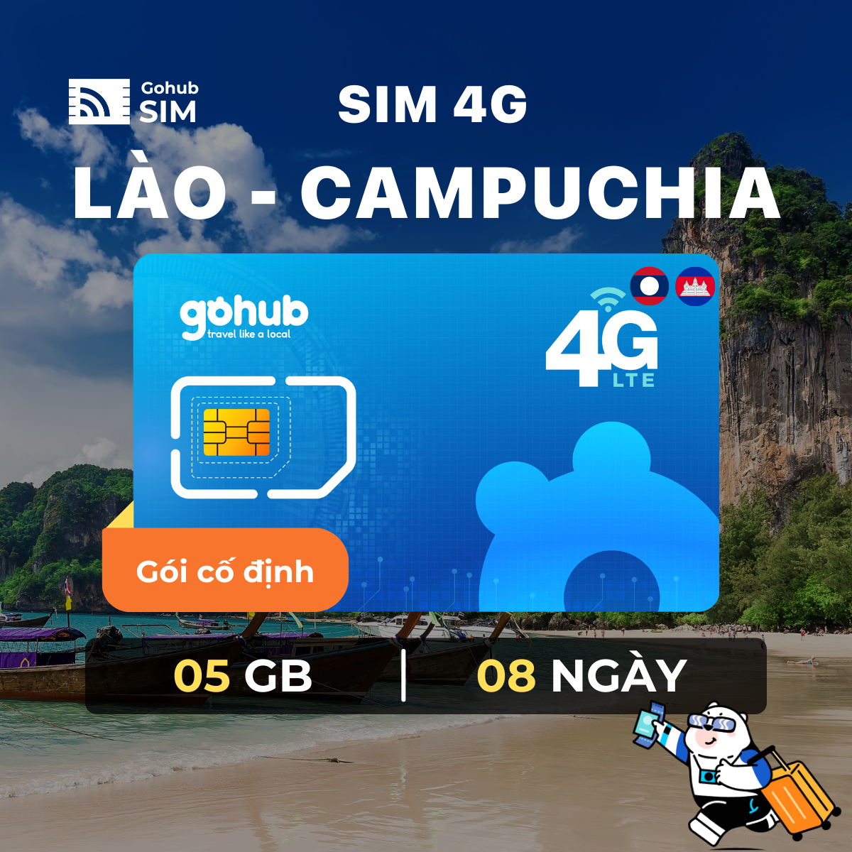 SIM 4G du lịch Lào - Campuchia - Gói cố định (05GB -08 ngày) - Gohub tặng kèm que chọc SIM - SIM chư