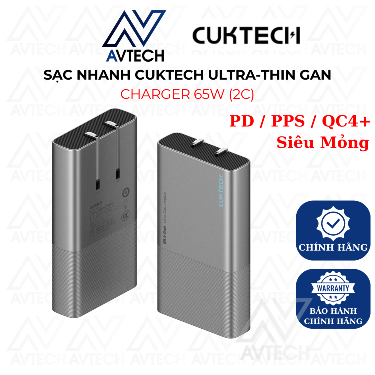 Củ Sạc Nhanh Cuktech 65w 2 Cổng C Ultra Slim PD/PPS/QC4.0+ AC65B2 - HÀNG CHÍNH HÃNG