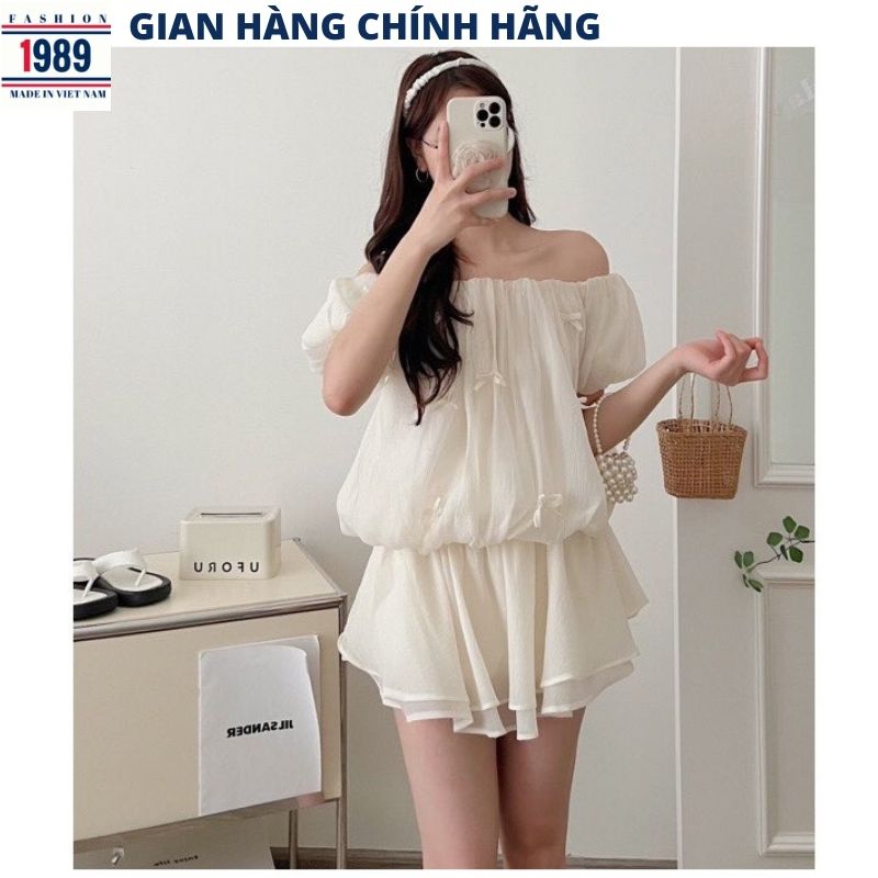 Áo babydoll tay bồng chun eo xoè bồng Áo váy nữ trễ vai dáng dài bo thân xòe nhẹ đính nơ xinh xẻo Se