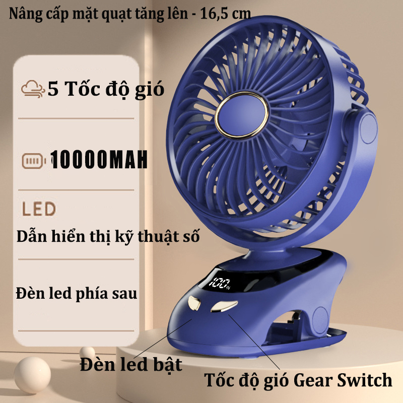 Quạt mini sạc điện 15000mAh quạt kẹp,Xoay 90 °,Tích Điện Để Bàn Tích Hợp Đèn Ngủ Cao Cấp, Quạt Kẹp B