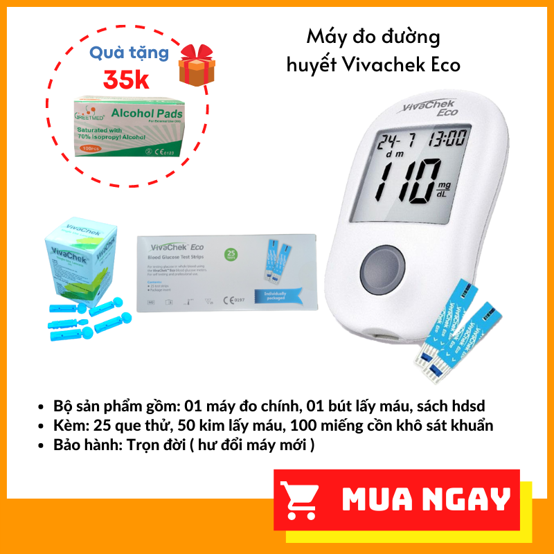 [Hcm][Tặng 100 Miếng Gạc Tẩm Cồn] Trọn Bộ Máy Đo Đường Huyết Vivachek Eco Gồm 25 Que Thử + 50 Kim Lấy Máu [Xuất Xứ Usa]