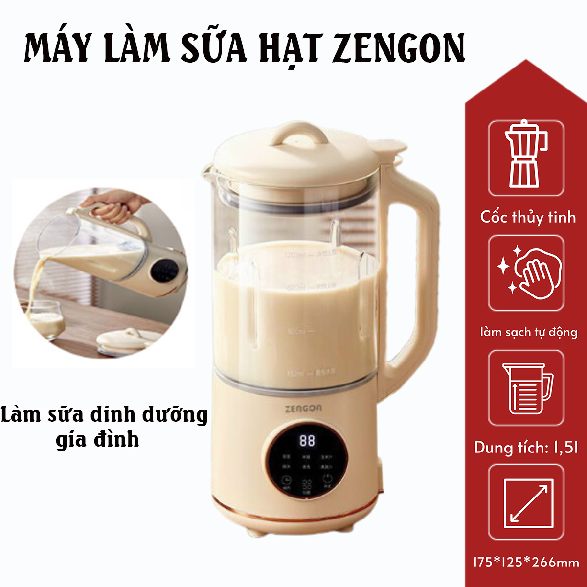 Máy Làm Sữa Hạt ZENGON 1.2L Cối Thủy Tinh Xay Các Loại Hạt Siêu Nhuyễn Mịn Chống Trào 6 Chế Độ Nấu D