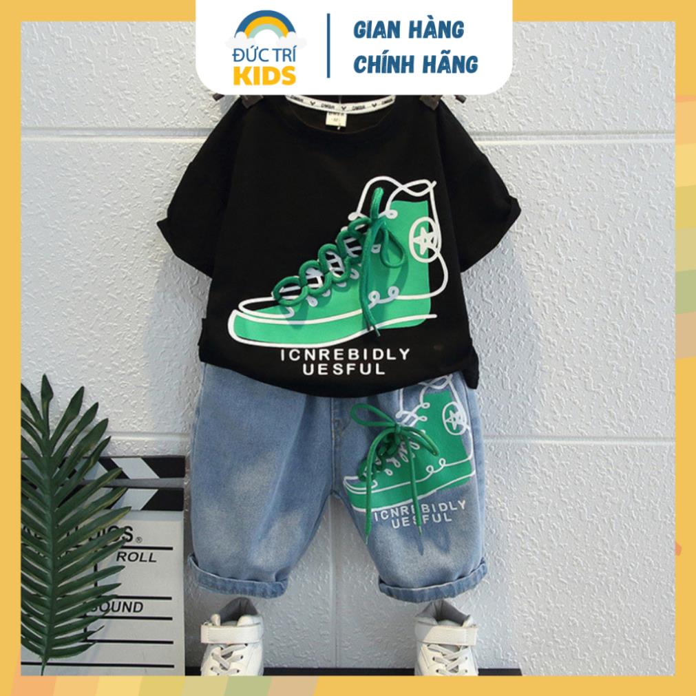 Set đồ bé trai áo thun tay ngắn cổ tròn SN Cotton hình sneaker quần bò Jean ngắn lửng trẻ em 1-7 tuổ