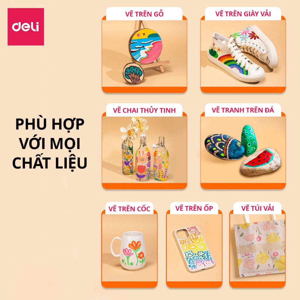 Bút sơn Acrylic Marker cao cấp 36 màu Deli HM911-36 - Chống nước vẽ trên mọi chất liệu Tô màu DIY vẽ giày vải chai lọ
