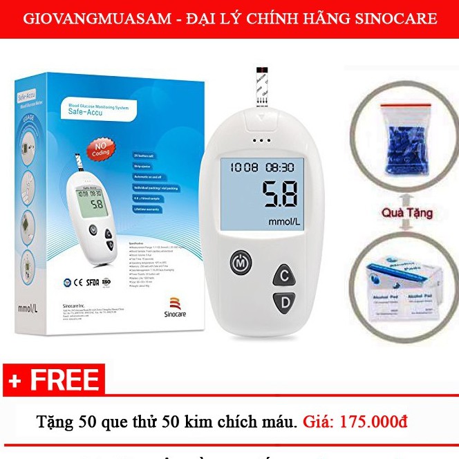 Máy Đo Đường Huyết Sinocare + Tặng 50 Que Thử Và Kim Chích Máu + Tặng Thêm Bông Tẩm Cồn