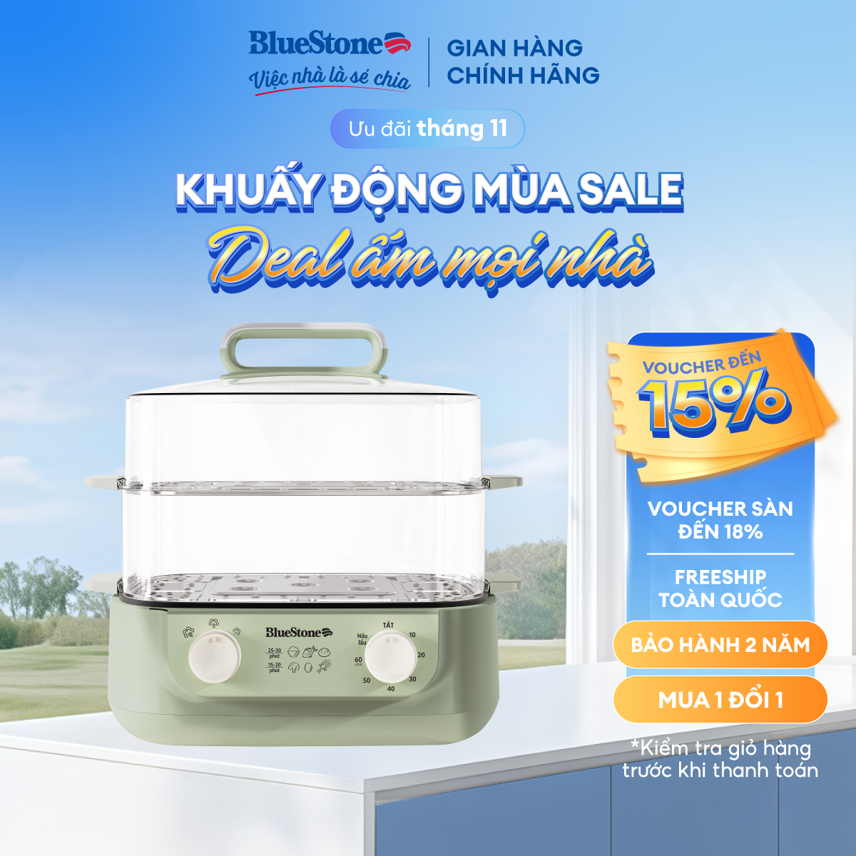 Nồi Hấp Đa Năng BlueStone MPB-7235 - 1500W - 2 Tầng - Dung tích 12 lít - Bảo hàng 2 năm - Hàng chính