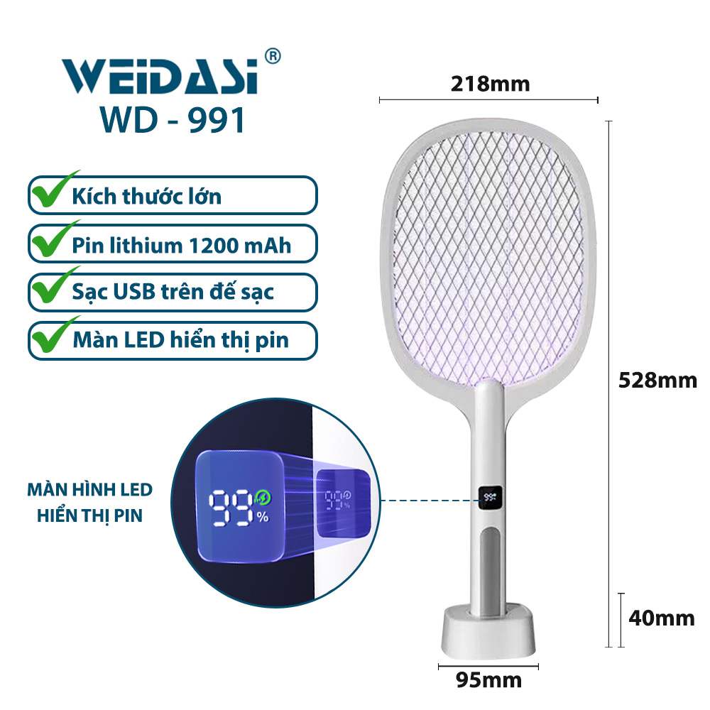 Vợt Muỗi kiêm Đèn Bắt Muỗi 2 trong 1 Weidasi WD955 - Pin Sạc Cao Cấp 1200 mAh