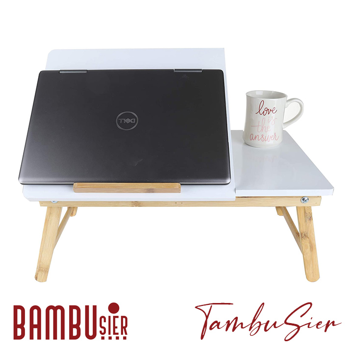 Bàn để laptop xếp gọn gỗ tre - Bàn kê laptop gỗ tre mặt bàn nghiêng 5 cấp độ có ngăn kéo