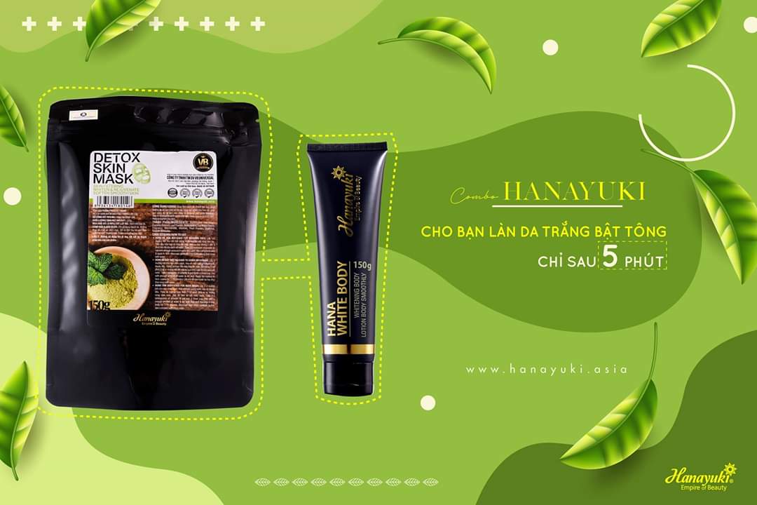 [HCM]Hanayuki Date 2023- bộ đôi siêu trắng body bột Detox skin mask và kem dưỡng trắng Hana white body