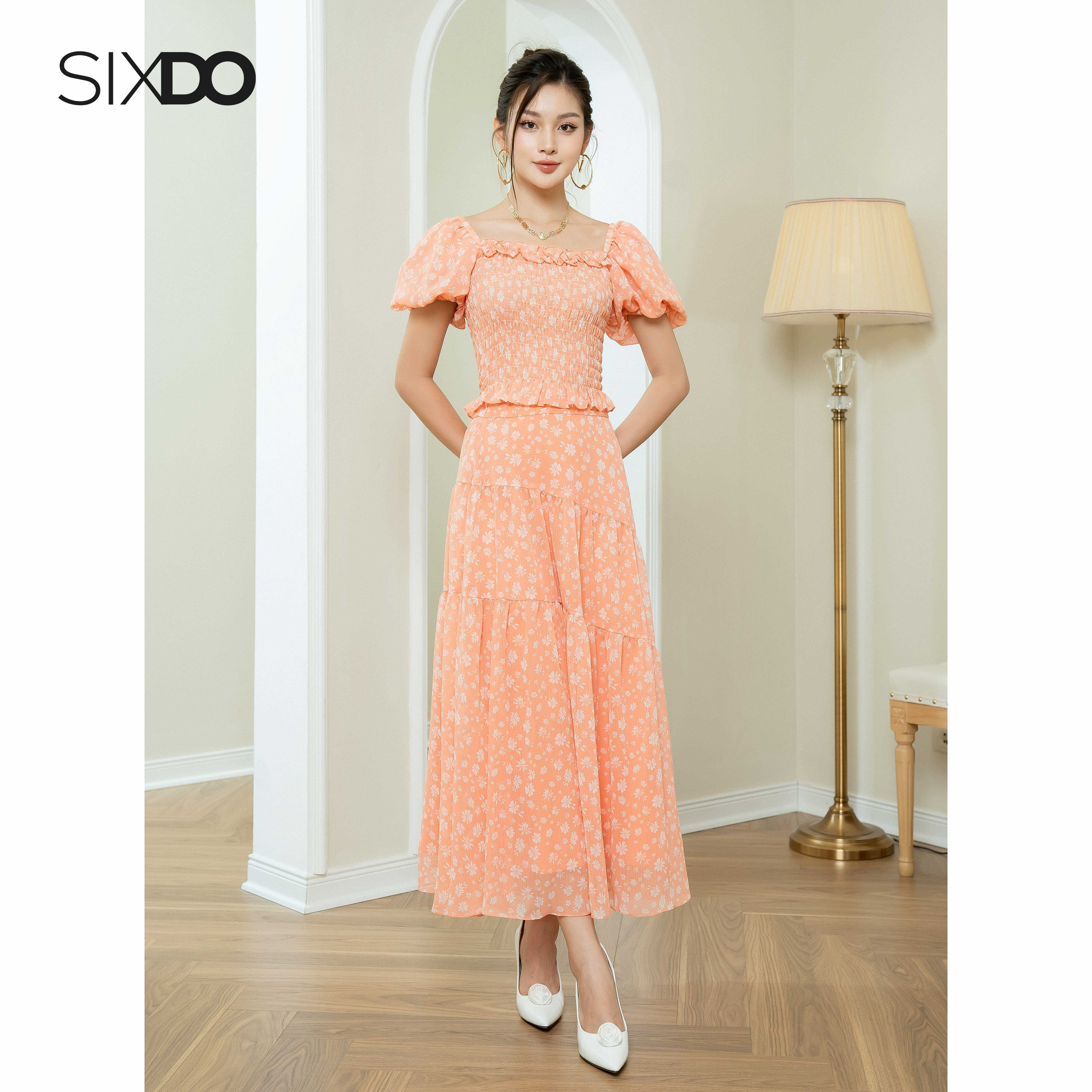 Chân váy voan hoa cam SIXDO (Light Orange Floral Midi Voile Skirt)