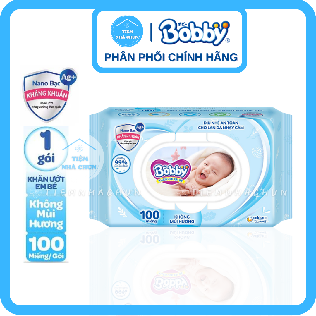 [KHĂN ƯỚT BOBBY] - Gói 100 Miếng - Khăn Giấy Ướt Em Bé BOBBY XANH (Không Mùi) / BOBBY HỒNG (Có Mùi T